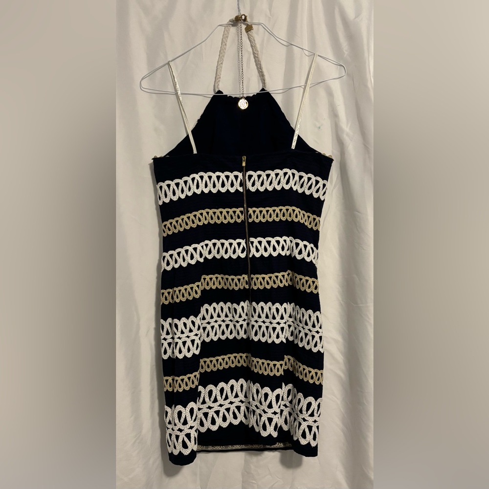 🌊 Lilly Pulitzer Nautical Halter Dress – Size 8 – Navy & Gold Embroidered Rope - Picture 2 of 11